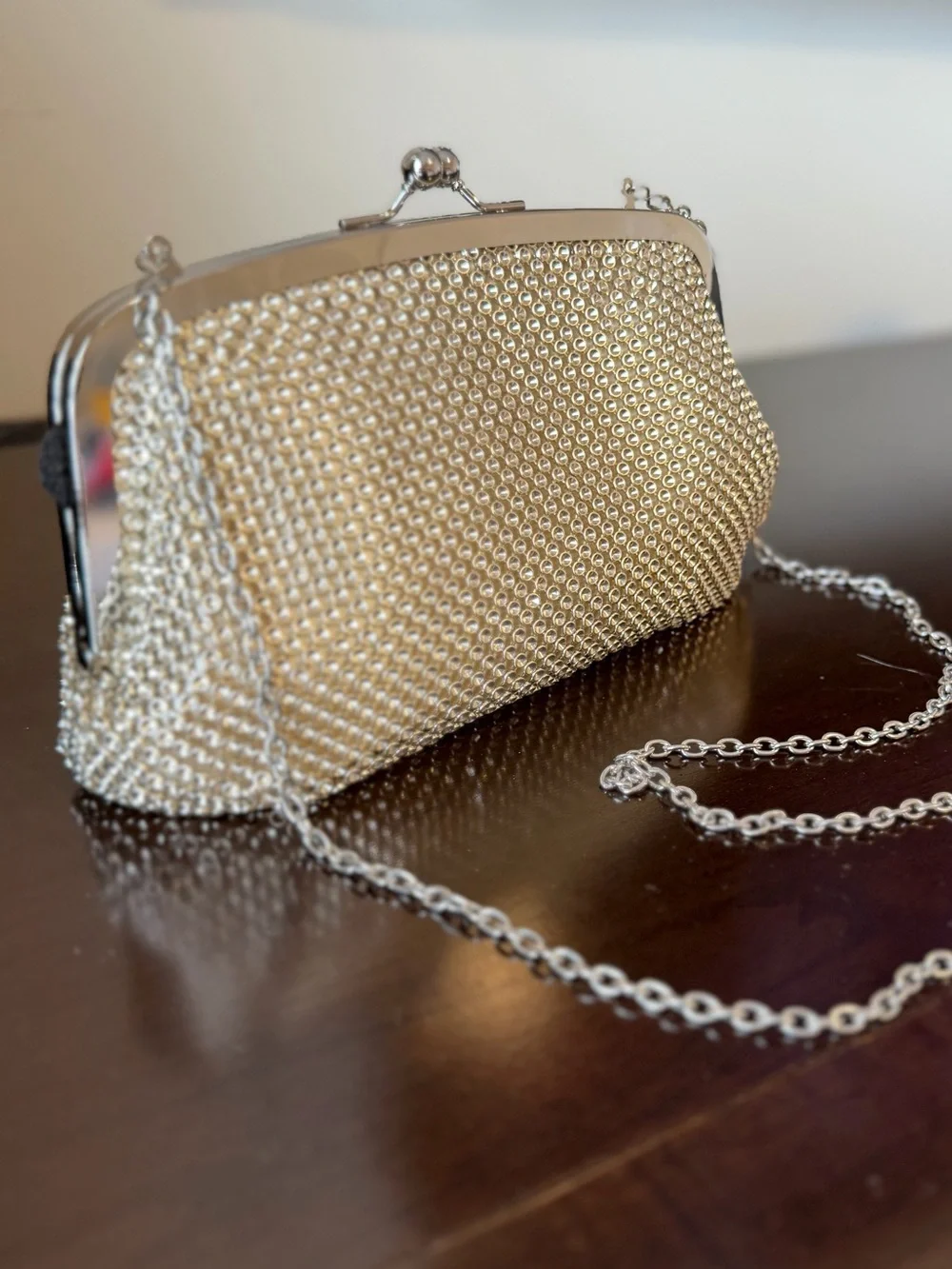 Jessica McClintock Gold Mesh Evening Clutch with Silver Chain